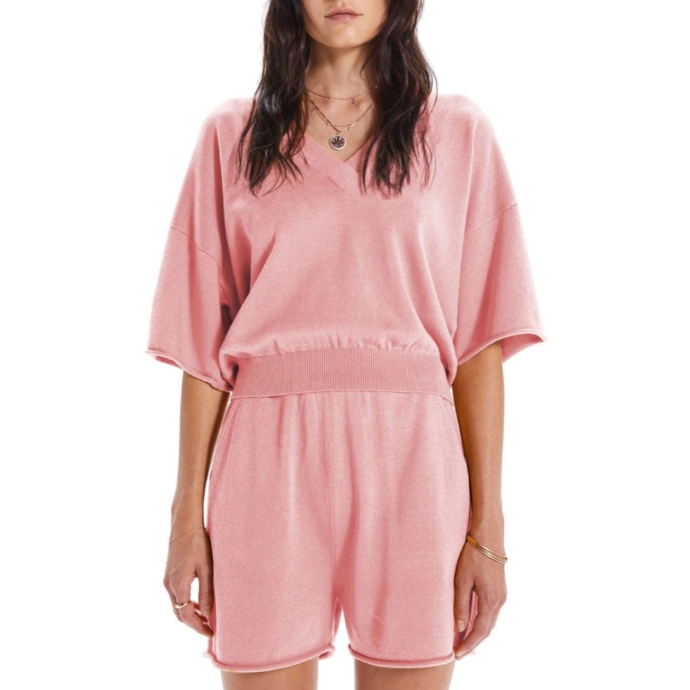 MOTHER The Boxy Crop V-Neck Short Sleeve Sweater Top Pink NEW